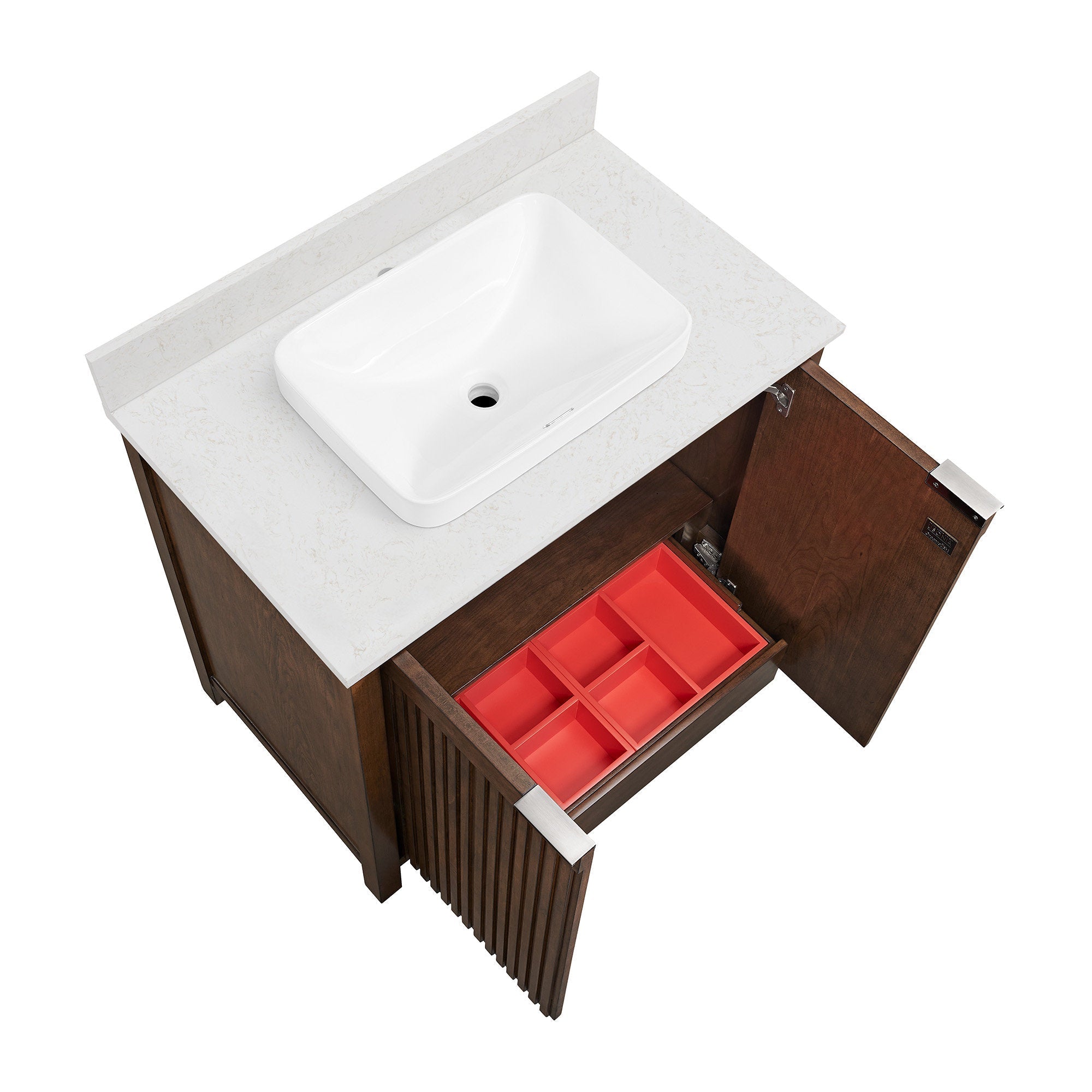 Top-down view of a modern 36-inch solid wood bathroom vanity with a stone top and backsplash, white rectangular ceramic vessel sink, fluted wood front panels, stainless hardware and an open drawer with a red organizer tray.