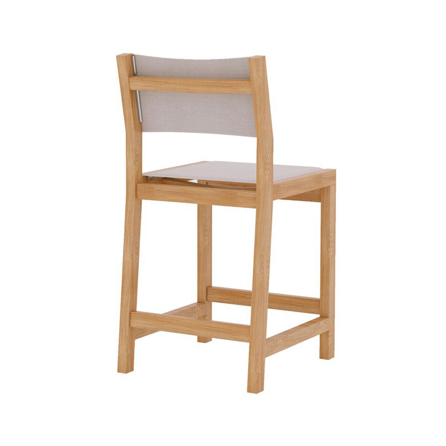 Three-quarter rear view of an armless outdoor bar stool with a natural teak wood frame and light beige fabric back and seat, featuring clean coastal-modern lines for patio or outdoor counter seating.
