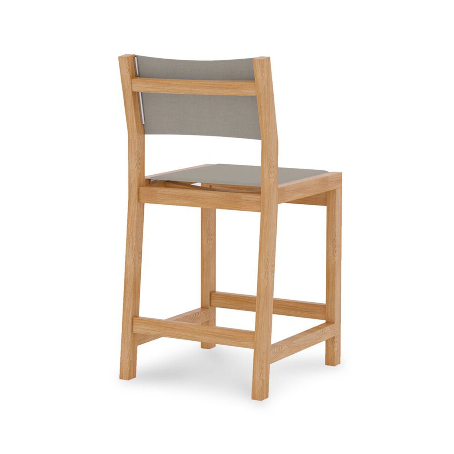 Armless teak outdoor bar stool with solid wood frame and taupe-gray fabric seat and back, square legs and integrated footrest in a clean coastal-contemporary design.