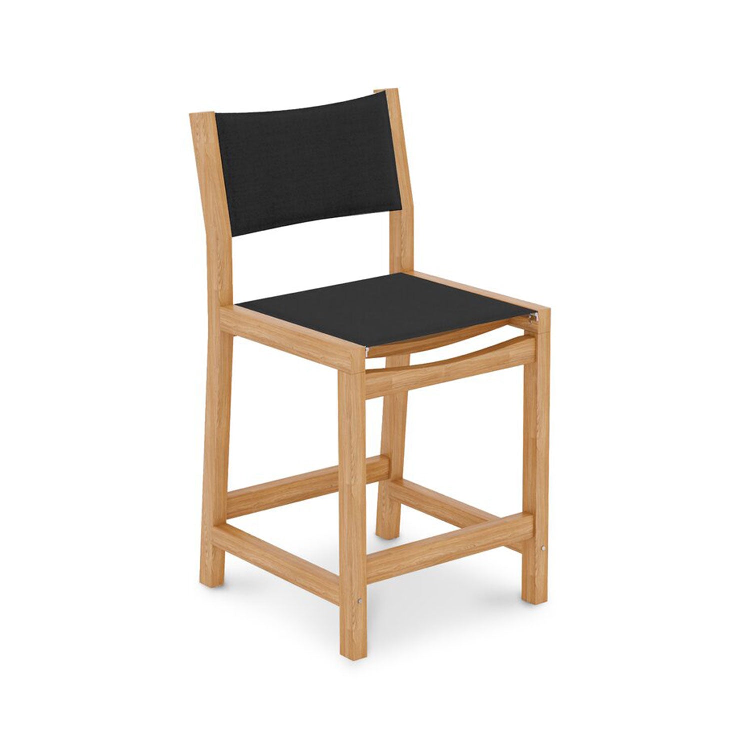 Armless outdoor bar stool with a natural teak wood frame and black fabric seat and back panel, squared legs and integrated footrest for coastal-contemporary patio seating.
