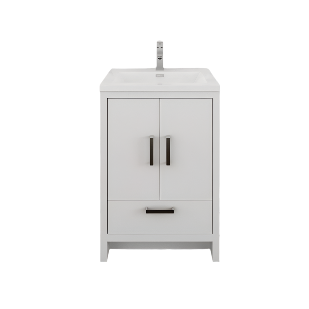 Front view of a freestanding modern solid wood bathroom vanity in stone finish with an integrated white single sink and chrome faucet, two cabinet doors and a lower drawer with dark metal handles.