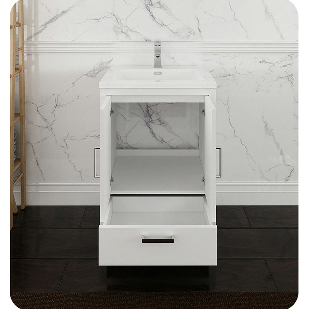 Front view of a modern freestanding white solid wood bathroom vanity with a stone-colored acrylic top and integrated rectangular sink; both cabinet doors open and the bottom drawer pulled out against a marble wall.