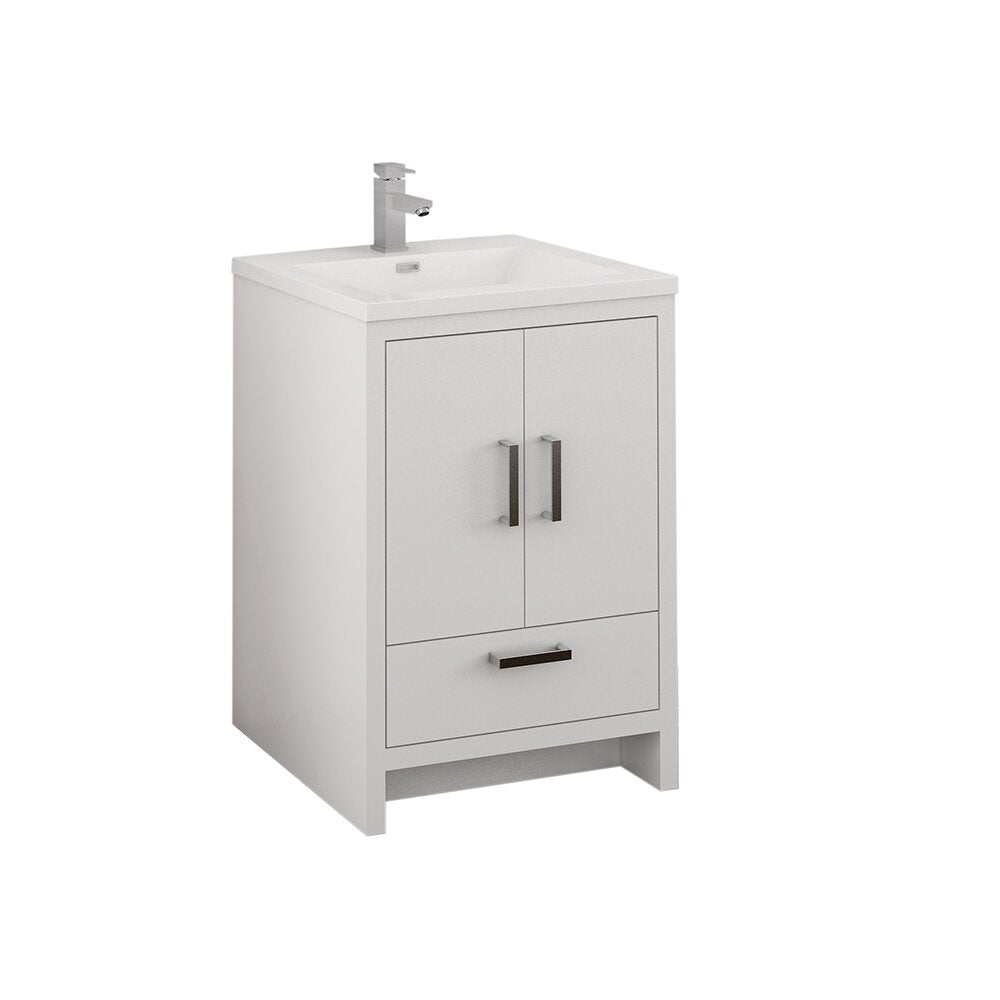 24-inch freestanding modern bathroom vanity in solid wood with a stone-colored acrylic top and integrated white sink, two-door cabinet, lower drawer and brushed metal handles with chrome faucet.