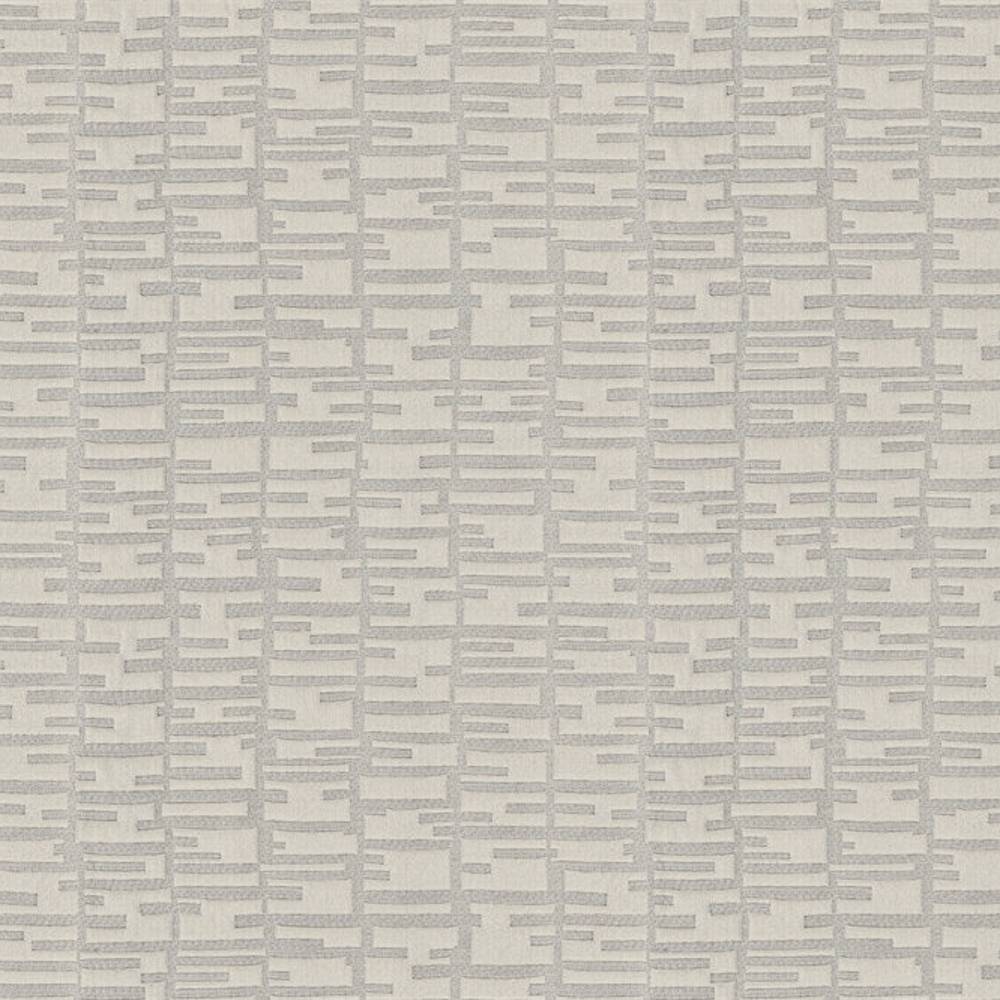 Close-up of 100% polyester upholstery fabric in light gray showing an irregular horizontal-bar grid texture and subtle weave; contemporary neutral pattern for sofas and curtains, pattern repeat about 7.5 x 7.75 inches.