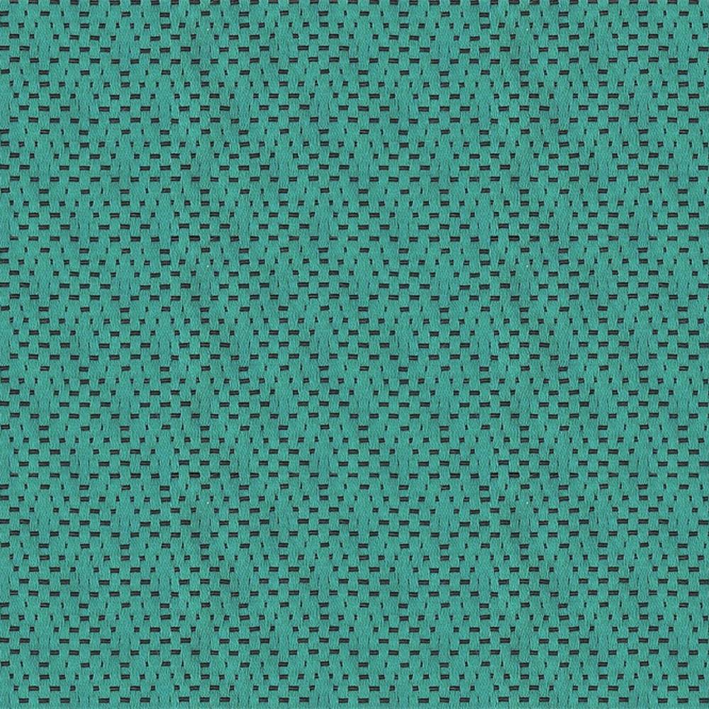 Close-up of teal woven upholstery fabric for sofas, 30% cotton 70% polyester, showing a textured basket-weave with small rectangular black accent openings in a repeating pattern.