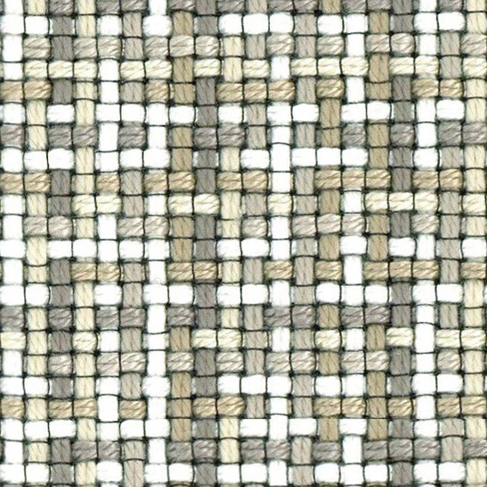 Close-up of contemporary neutral woven upholstery fabric in beige, cream, gray and white with thin black grid stitches; 95% acrylic, 5% polyester basketweave texture intended for sofas.