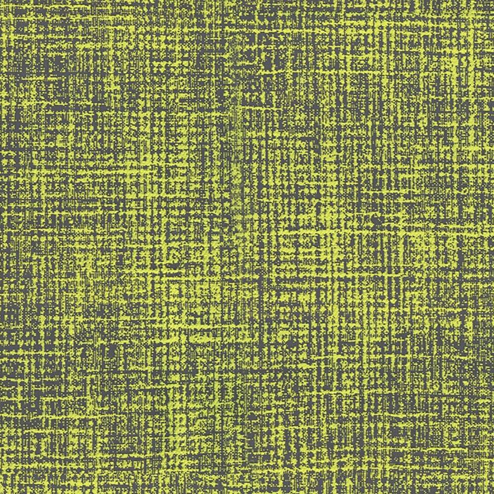 Close-up of contemporary 100% polyester upholstery fabric in lime yellow and charcoal gray, featuring a crosshatched, speckled woven texture suitable for modern sofas.
