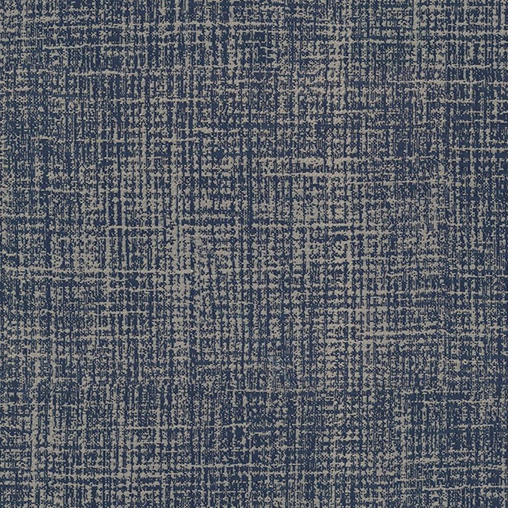 Close-up of navy blue and beige crosshatch upholstery fabric showing a textured woven pattern for sofa use; 100% polyester contemporary upholstery material.