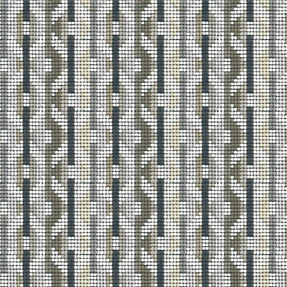 Close-up of woven upholstery fabric in beige and gray with a small square-grid weave and repeating vertical geometric stripe pattern; contemporary sofa fabric made of 95% acrylic and 5% polyester.