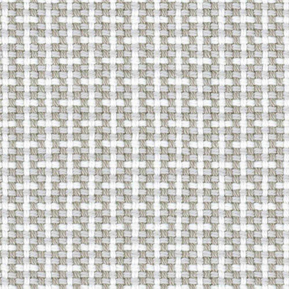 Close-up of beige and white woven upholstery fabric showing a small basket-weave texture and subtle grid pattern; 100% acrylic suitable for contemporary sofa and indoor use.