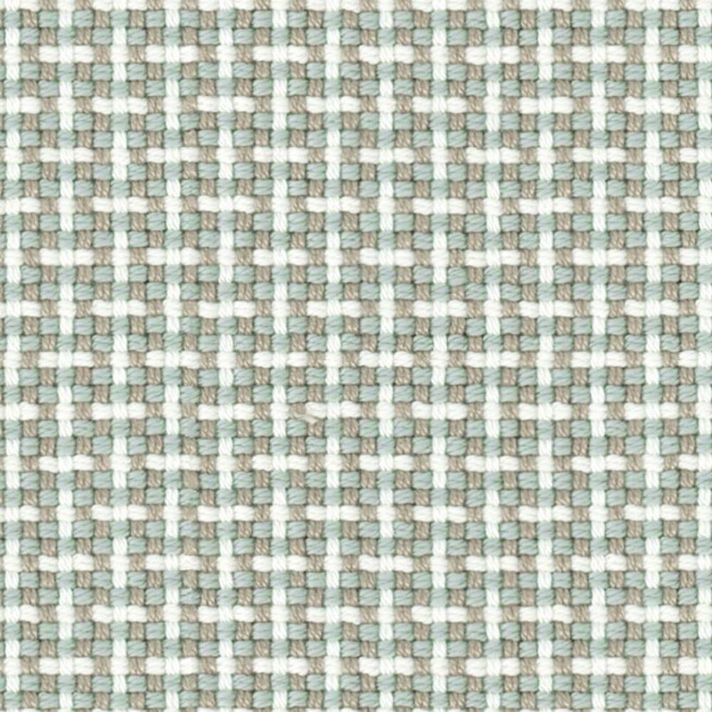 Close-up of a small-scale woven upholstery fabric in beige, white and pale green, 100% acrylic with a 0.5-inch basketweave check pattern, shown for contemporary sofa use.