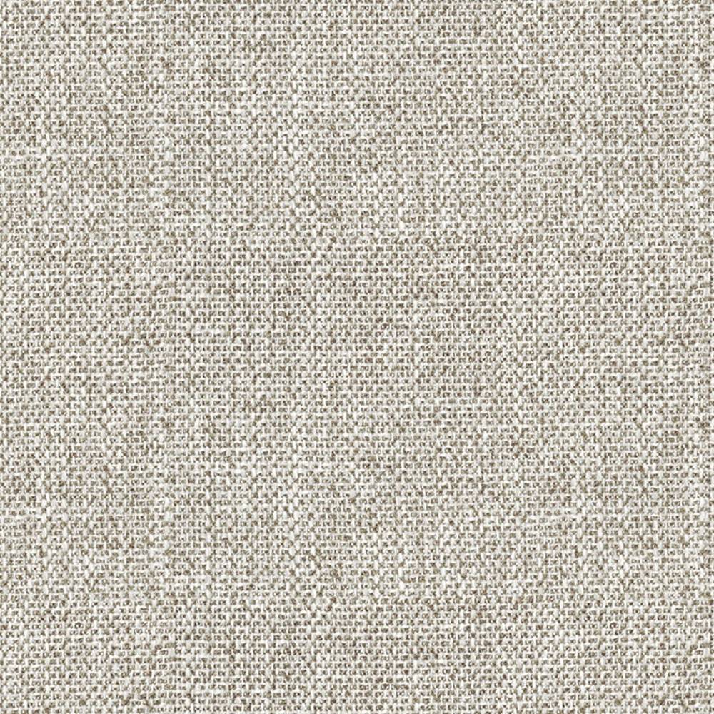 Close-up of 100% polyester upholstery fabric in light beige oatmeal with a tight woven texture and subtle brown flecks, shown as a durable plain weave ideal for sofas.