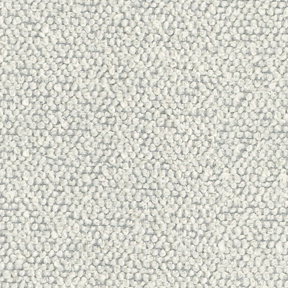 Close-up of cream-white boucle upholstery fabric in 100% polyester showing dense looped texture and soft neutral finish for sofas.