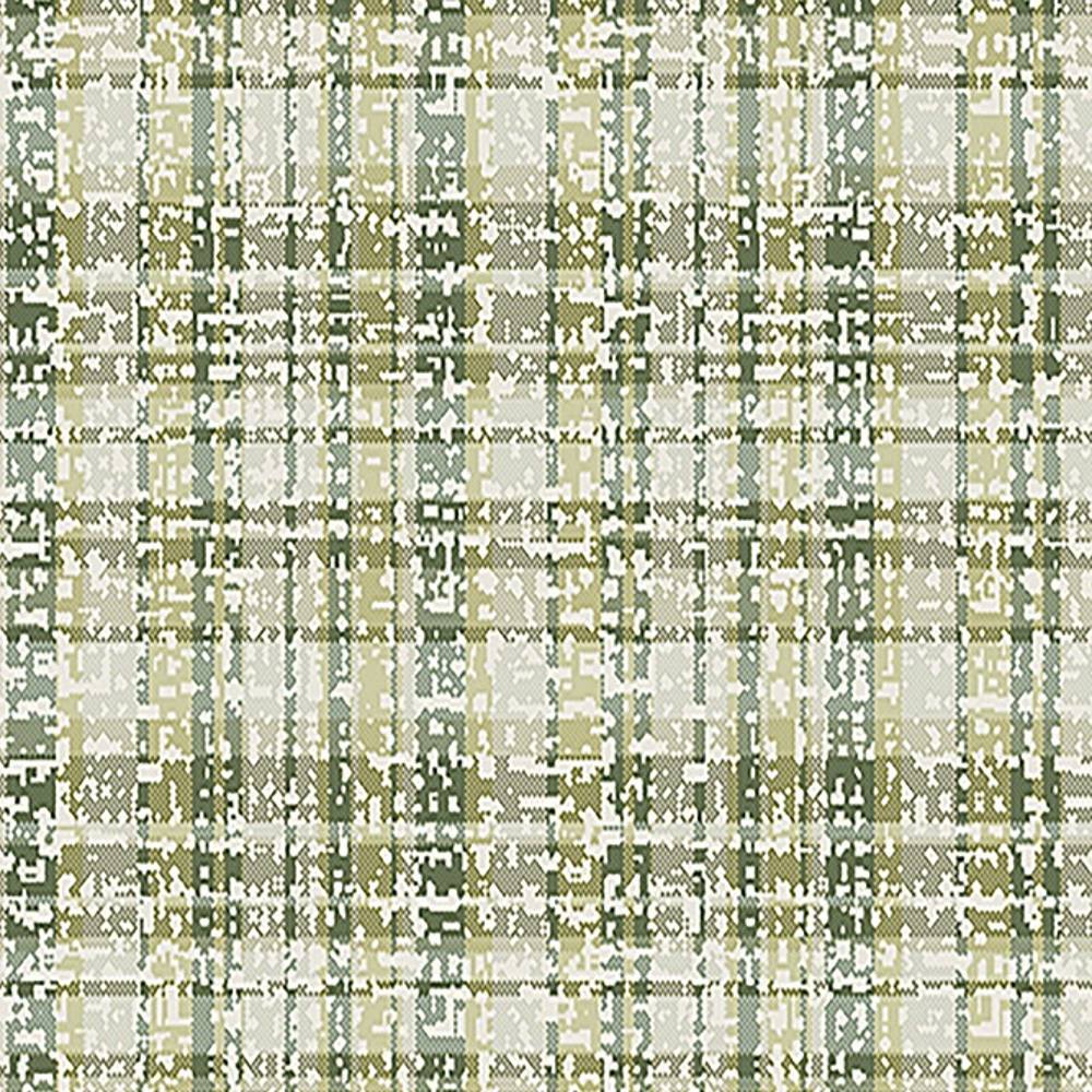 Close-up of contemporary upholstery fabric with a pixelated plaid pattern in olive green, beige and cream, 75% polyester and 25% viscose, shown as a sofa-grade textile.