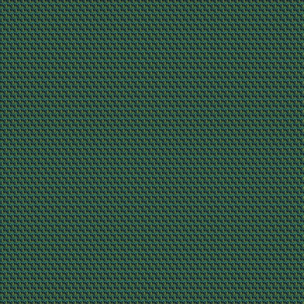 Close-up of green and teal woven upholstery fabric with a tight small-scale geometric basketweave texture, showing two-tone threads and surface detail; 100% polyester suitable for sofa upholstery.