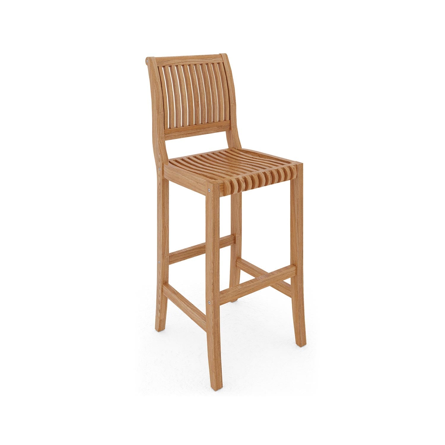 Armless teak outdoor bar stool with a curved slatted back and slatted seat, solid natural teak frame, tall legs and integrated footrest in a coastal contemporary style.