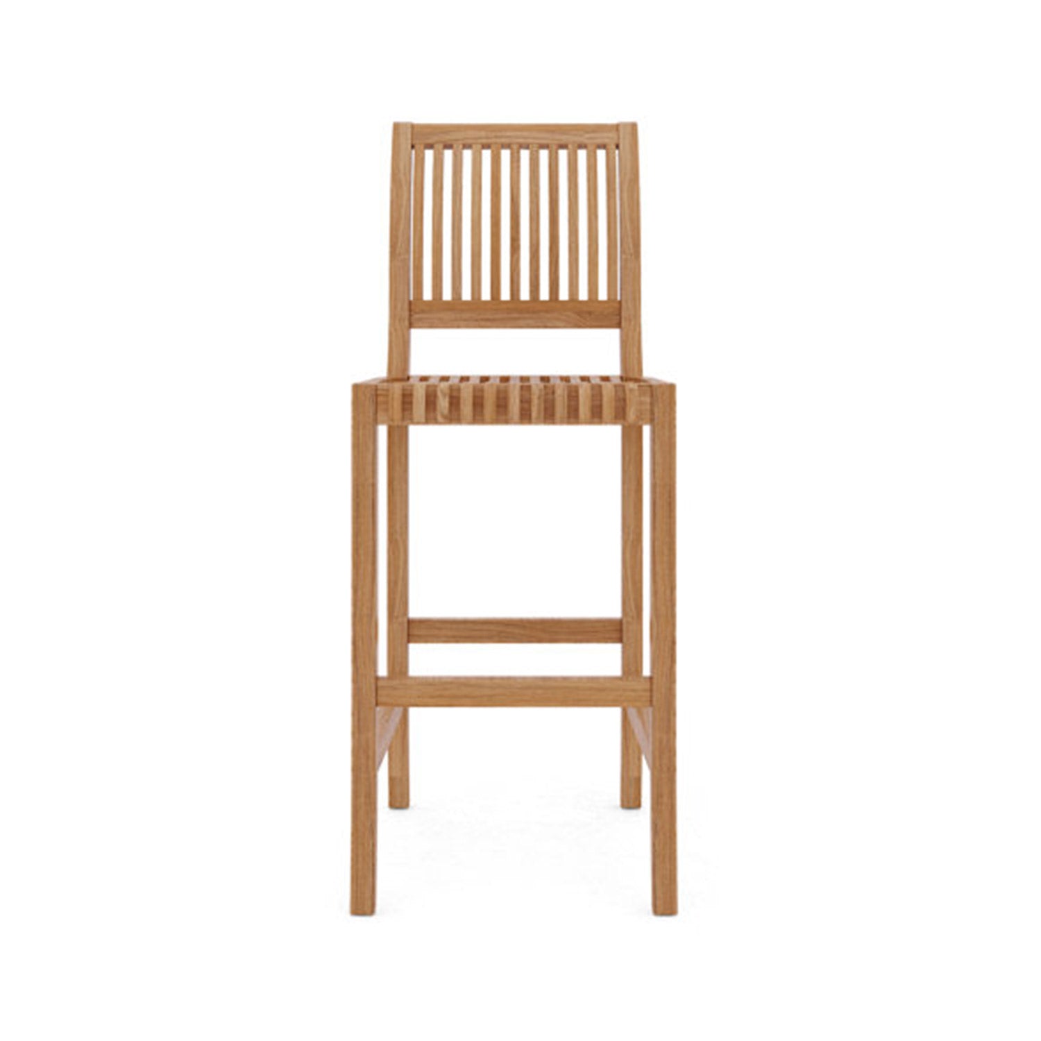 Armless teak outdoor bar stool with vertical slatted back and slatted seat in a natural finish, straight square legs and integrated footrest, coastal-contemporary solid wood design.