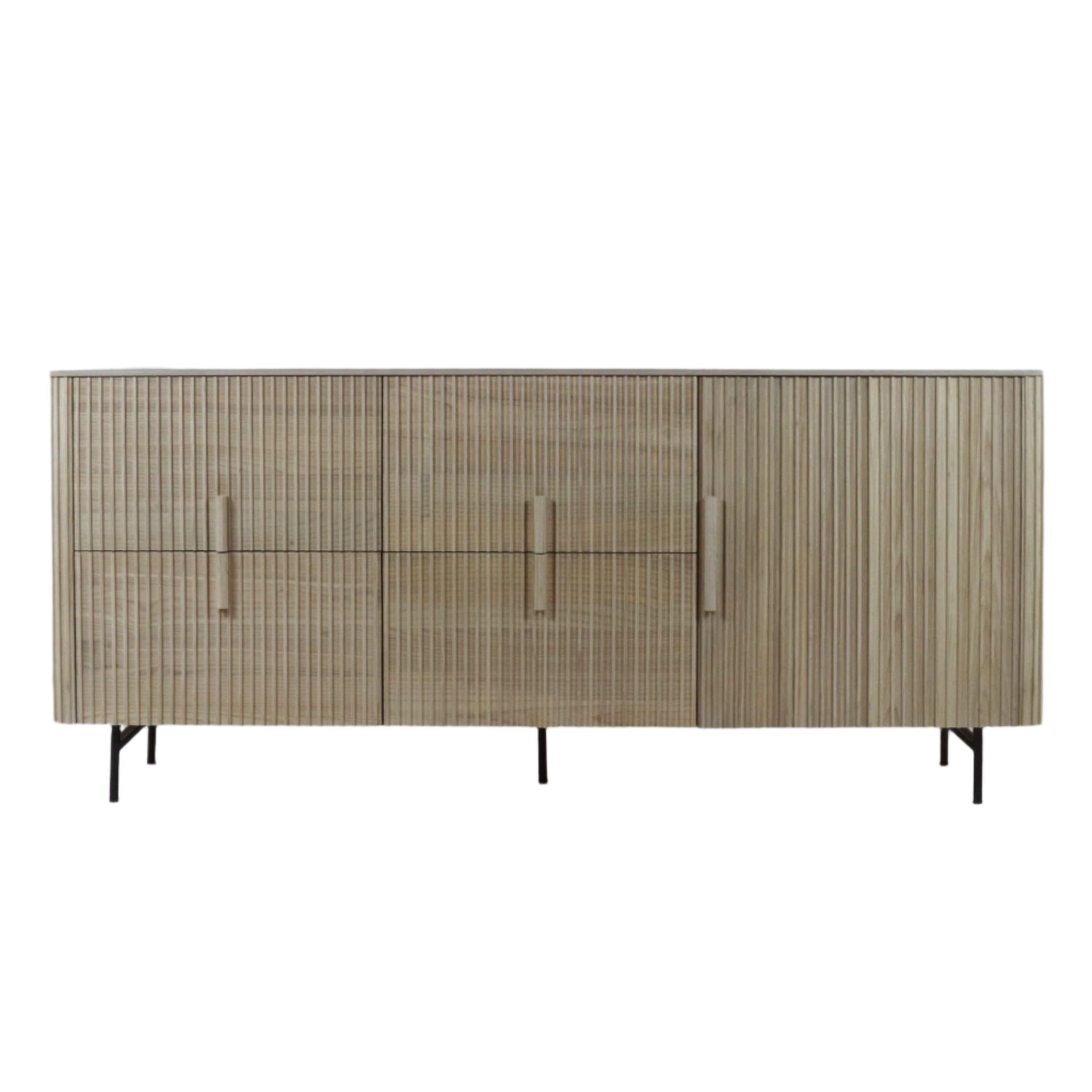 Long teak sideboard with vertical fluted front panels and slim recessed teak handles, finished in natural wood and raised on slender black metal legs in a mid-century modern style.
