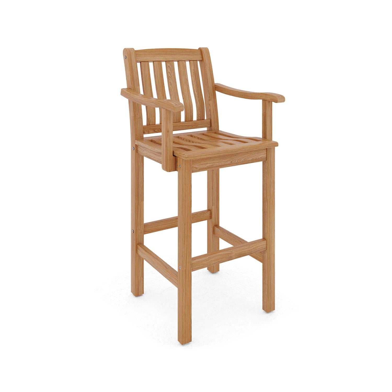 Natural teak outdoor bar stool with slatted seat and full slat back, curved armrests and square legs in a coastal solid-wood finish suitable for kitchen island or patio seating.