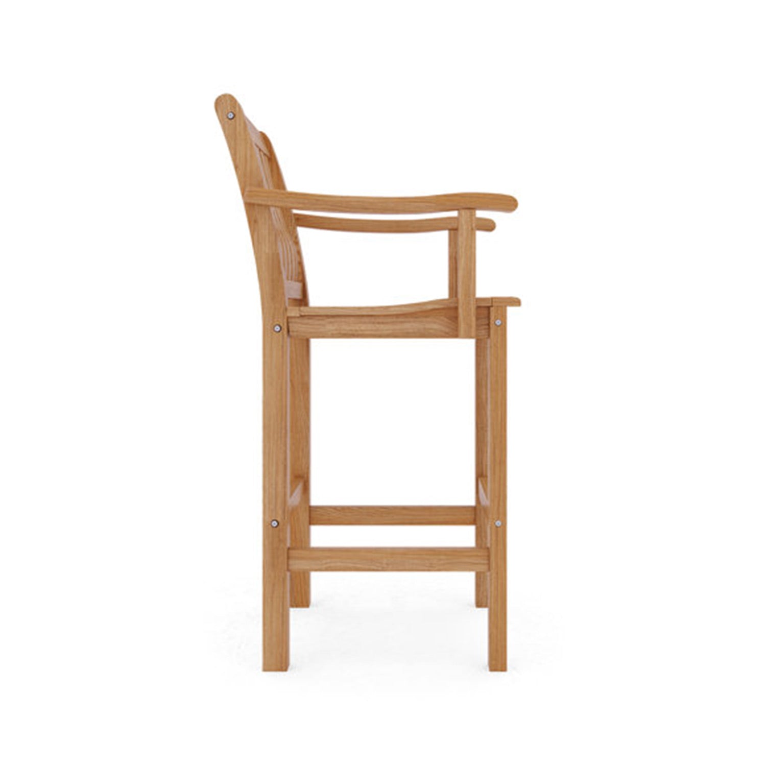 Side view of a natural teak outdoor bar stool with full back, curved armrests, slatted seat and solid wood frame with a built-in footrest in a coastal style.