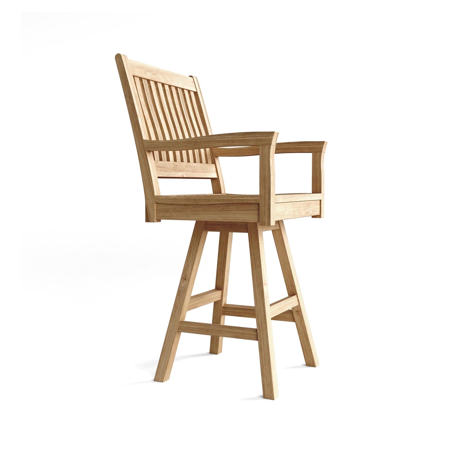 Natural teak swivel outdoor bar stool with slatted back and armrests, mounted on a four-legged base with crossbar footrests for coastal-style outdoor seating.