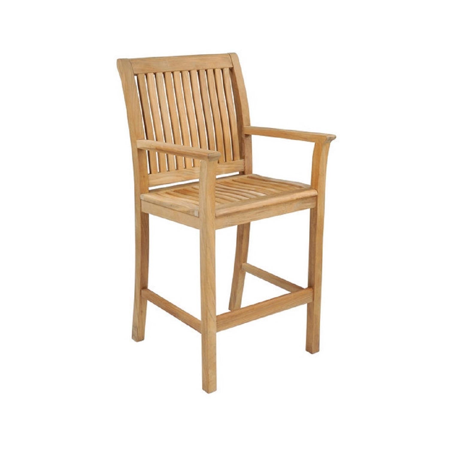 Natural teak outdoor bar stool with slatted back and seat, integrated armrests, footrest and straight legs, solid wood coastal design in a natural teak finish.