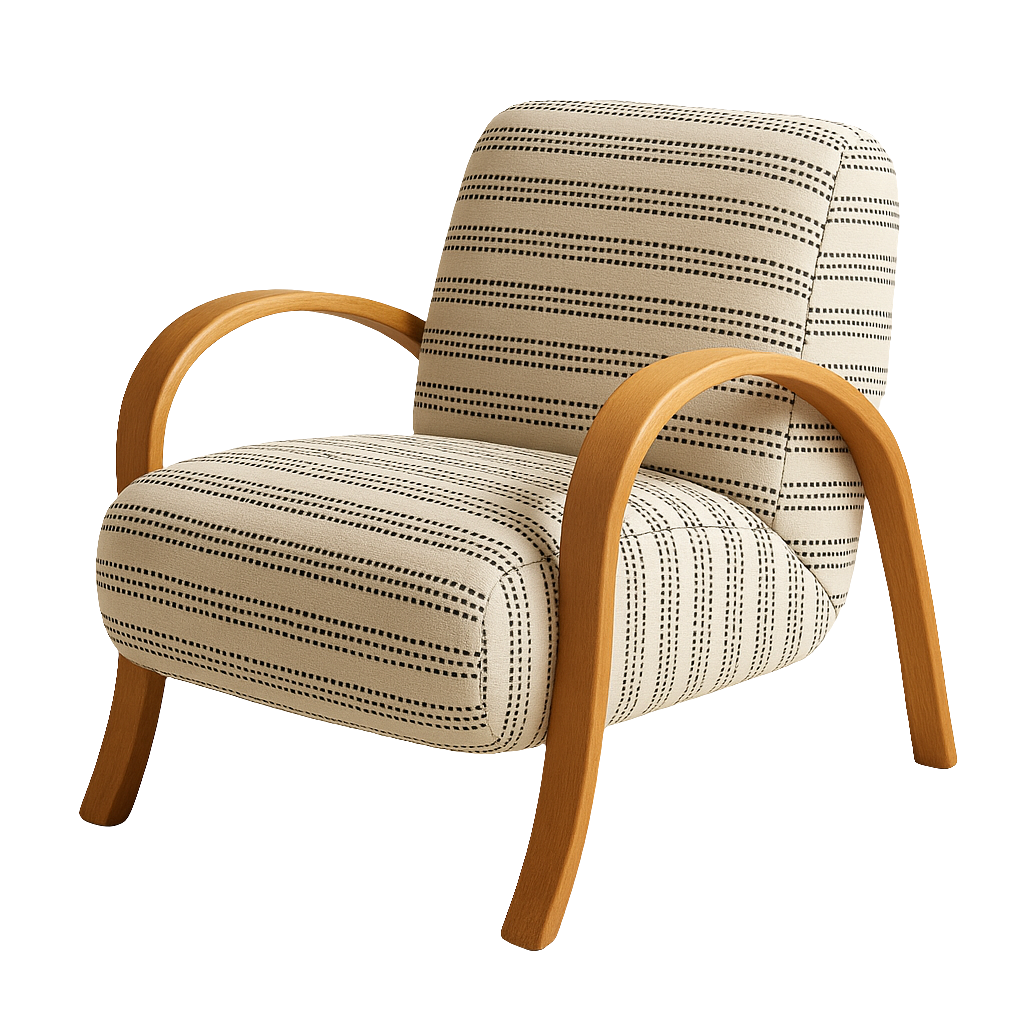 Cream-striped fabric accent chair with cushioned seat and back, featuring curved natural oak arms and legs in a Scandinavian coastal style.
