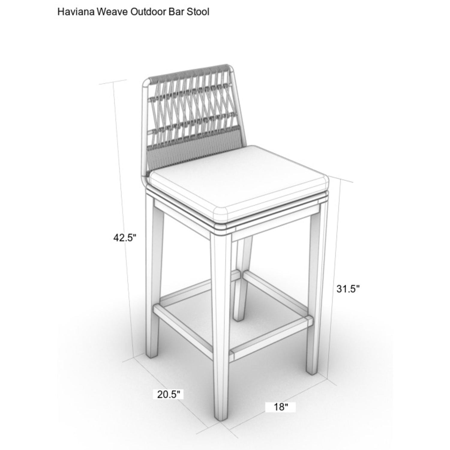 Technical line drawing of an outdoor bar stool with teak-finish frame, rope-woven backrest and cushioned fabric seat; dimension labels show 42.5 in overall height, 31.5 in seat height, 18 in width and 20.5 in depth.