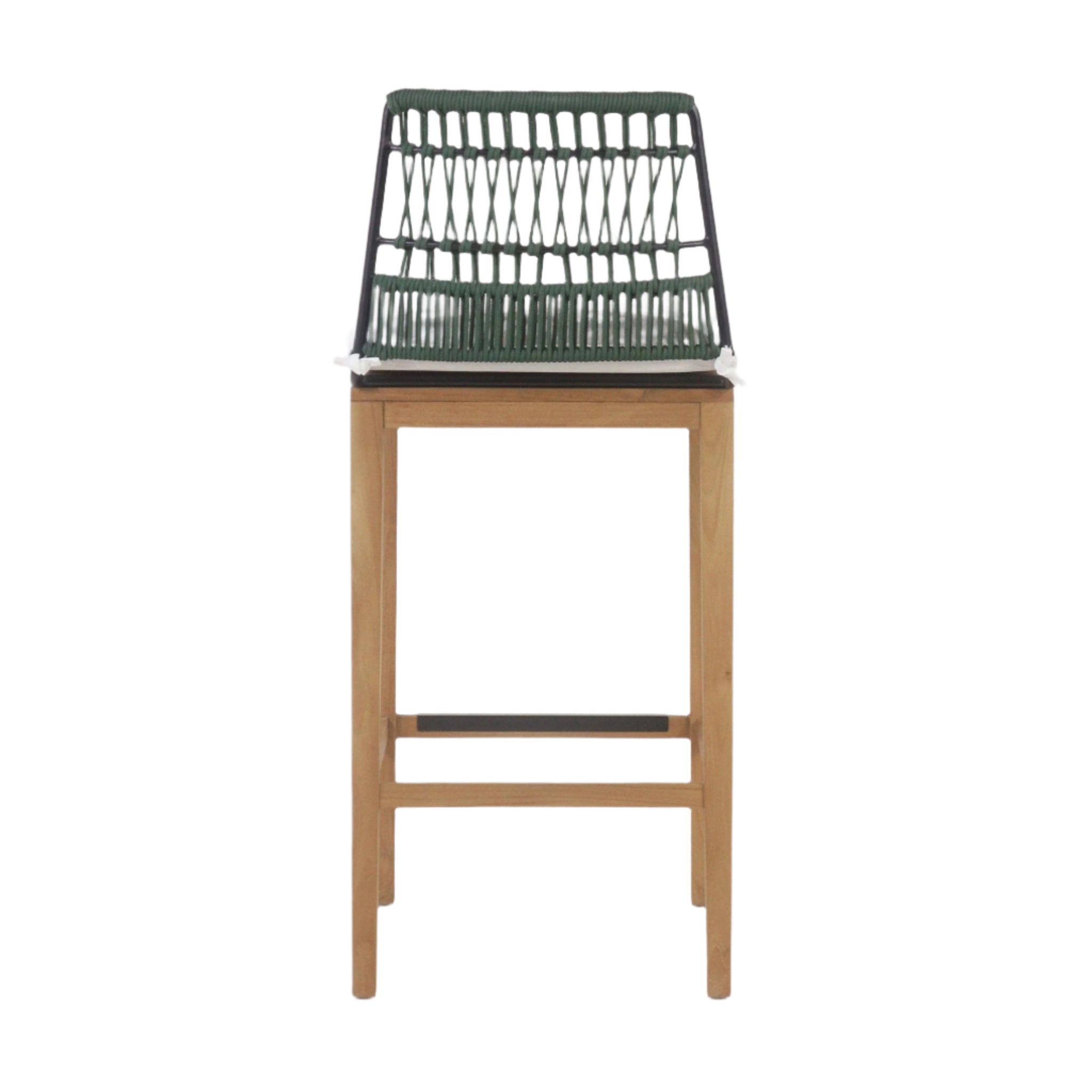 Front view of a mid-century modern outdoor bar stool with a natural teak frame, black metal footrest and woven rope back and seat.