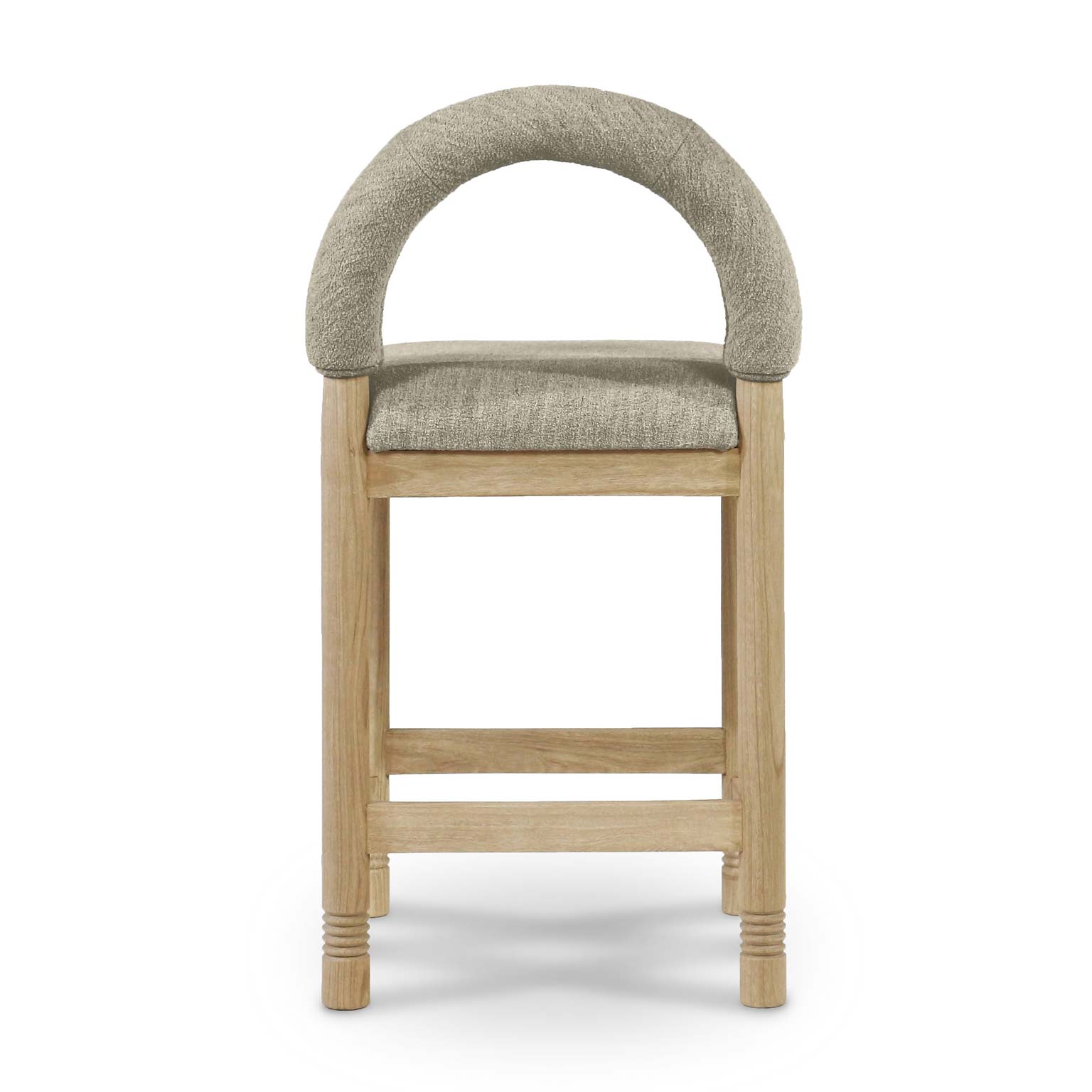 Front view of a taupe bouclé upholstered stool with a rounded arched back, padded seat and natural oak legs with a built-in footrest.