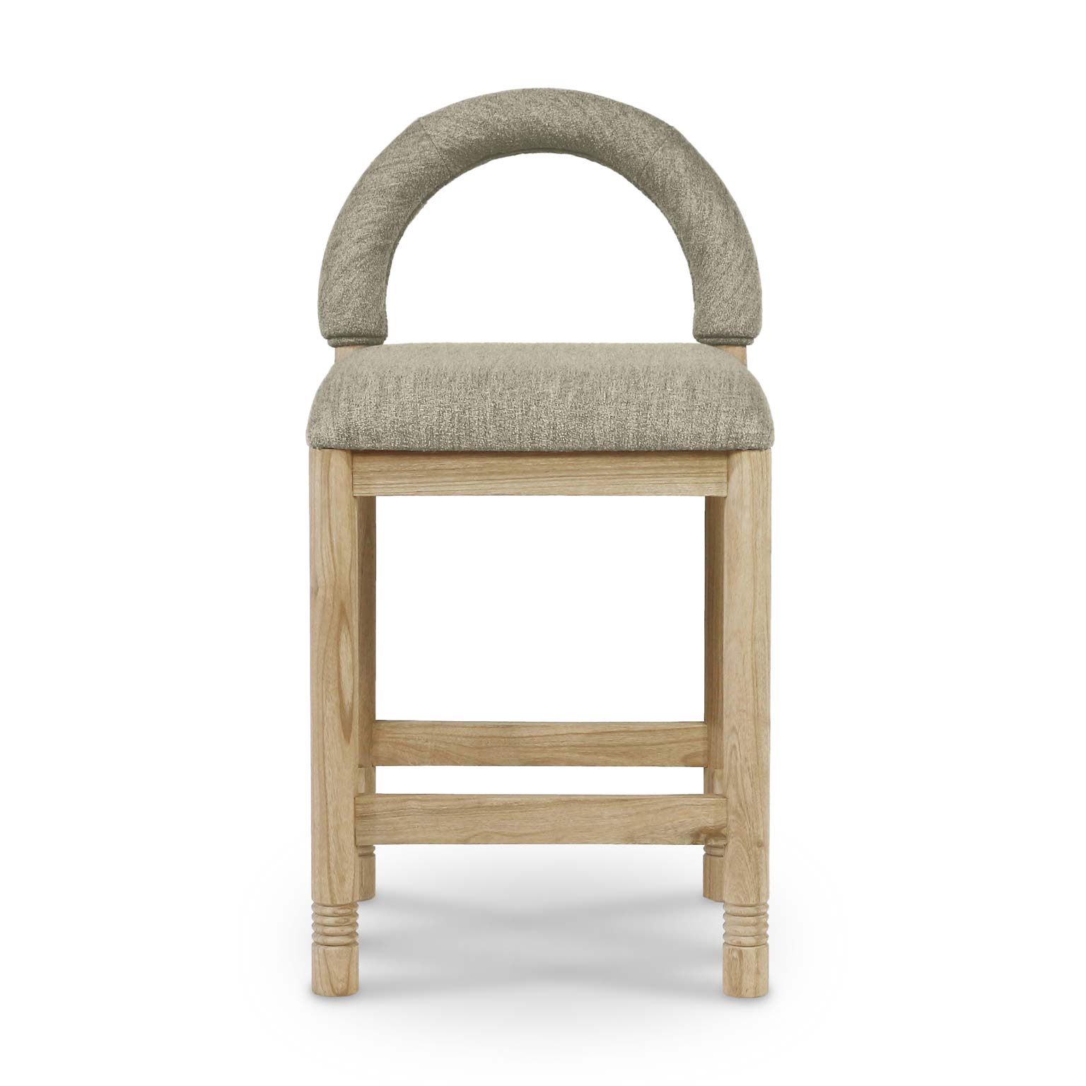Front view of a counter/bar stool with an arched back and padded beige-taupe boucle seat upholstered in boucle fabric on a natural oak frame with stretcher footrest.