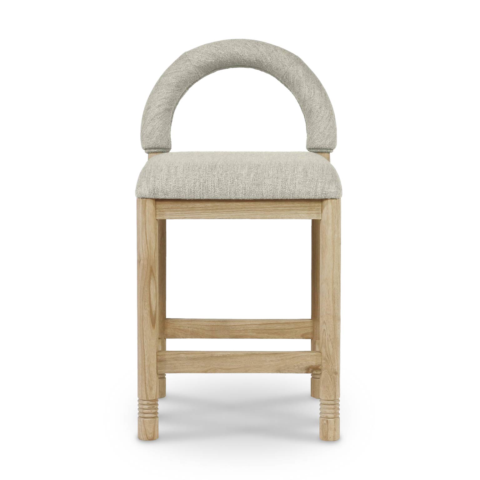 Front view of a counter stool with taupe boucle upholstered arched back and padded seat on a natural oak frame with double stretchers and subtle turned leg details.