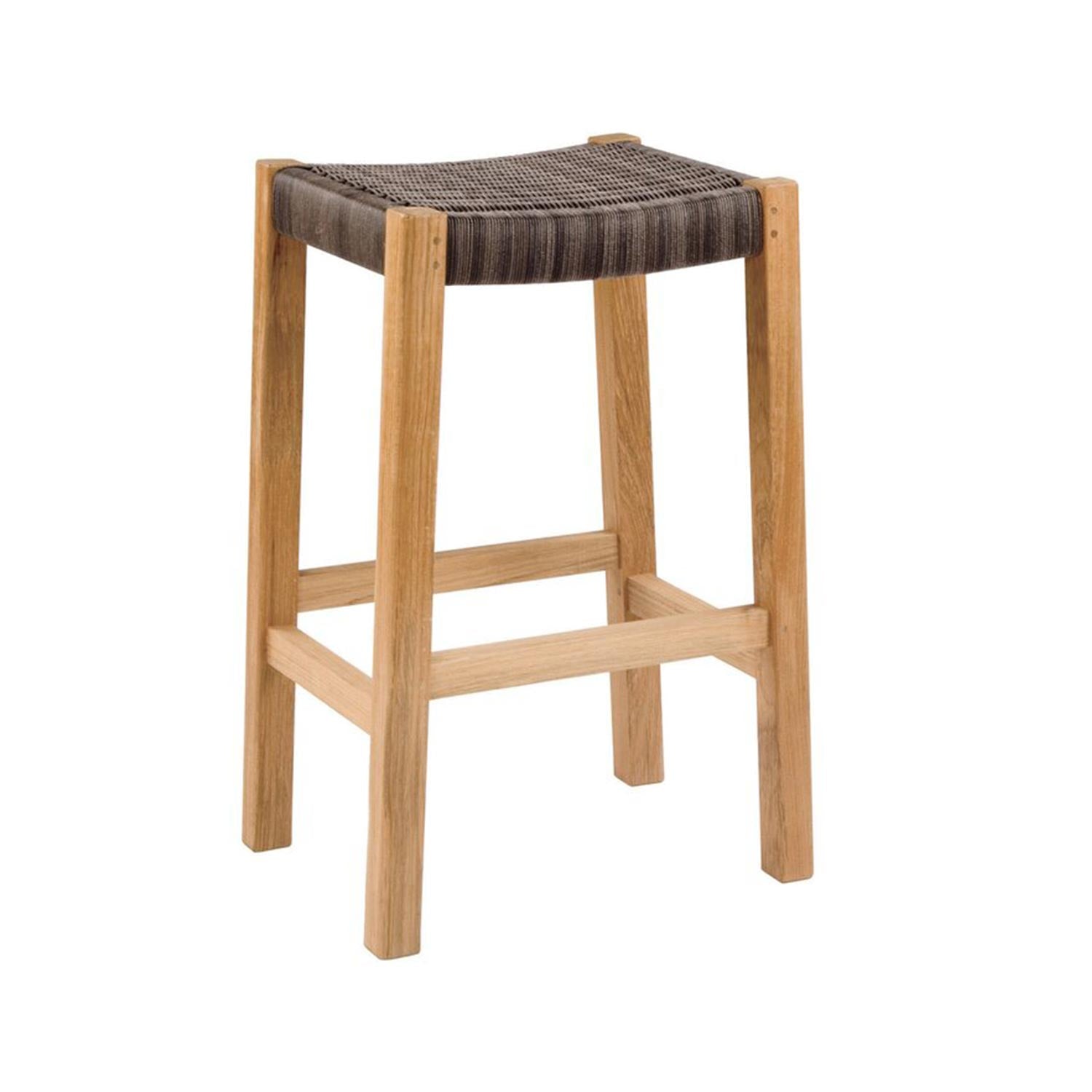 Backless teak outdoor bar stool with a natural teak wood frame and woven gray seat, square legs and integrated footrest in a coastal-modern style.