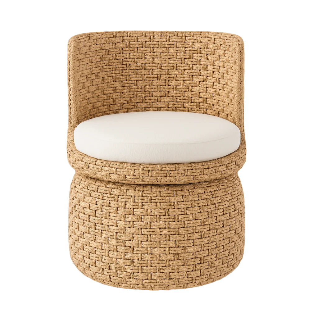 Front view of a seagrass-woven armless swivel accent chair with a rounded back and thick cream fabric seat cushion, natural beige tones and pronounced woven boho-coastal texture.