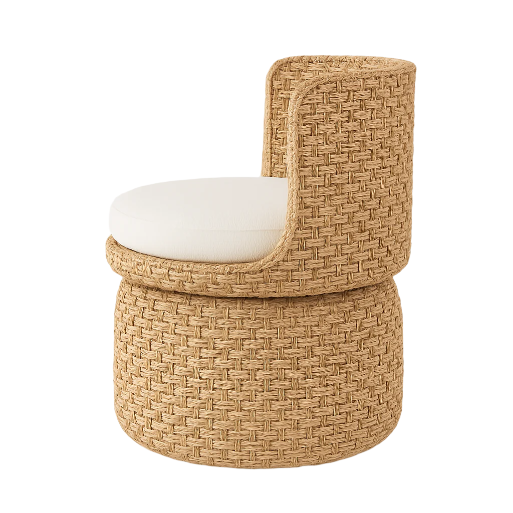 Armless seagrass-woven swivel accent chair with a curved low back and a cream fabric round seat cushion, showcasing natural woven texture and coastal boho styling.