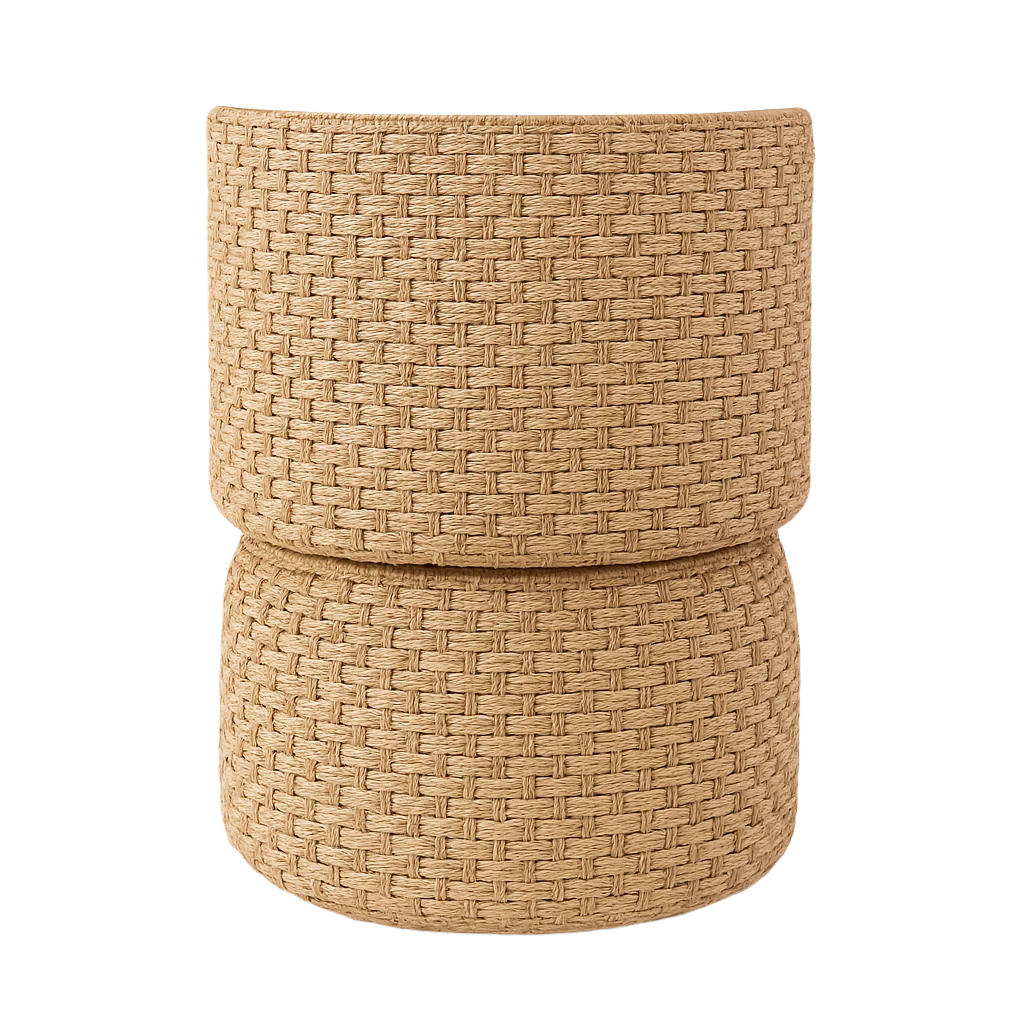 Close-up of a beige seagrass-woven swivel chair base showing a textured basketweave pattern across two stacked cylindrical sections with a stitched seam for a coastal, boho look.