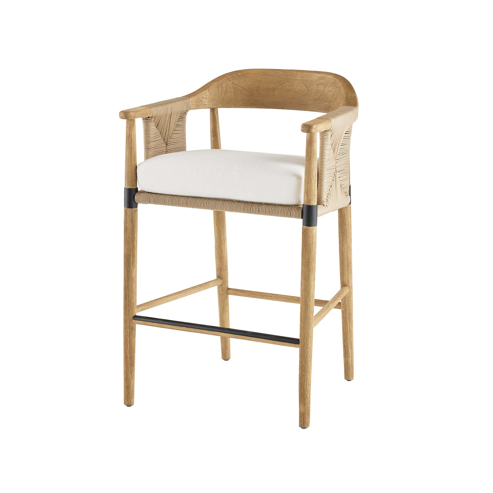 Natural oak bar stool with a curved woven back and short arms, cream fabric upholstered seat cushion, and black metal footrest and leg accent bands.