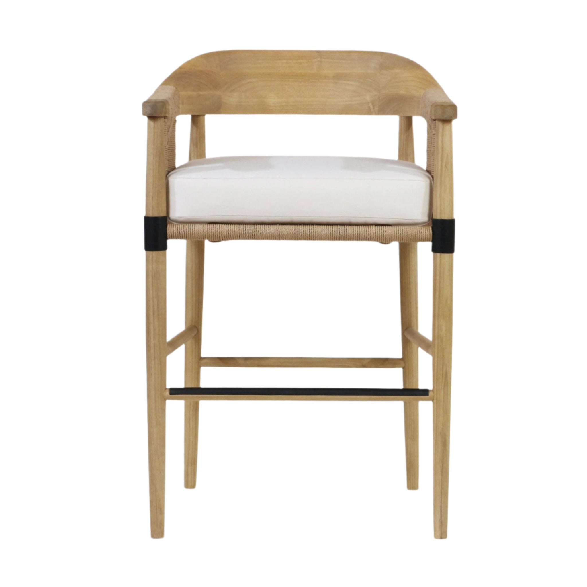 Front view of a natural wood counter stool with a curved woven backrest, white fabric seat cushion, and black metal footrest and leg bands, blending modern and rustic design.