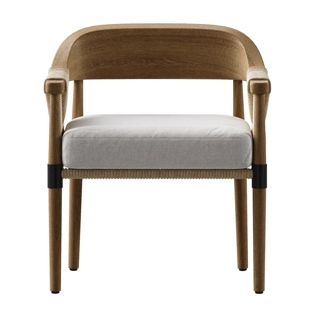 Front view of a mid-century modern oak dining chair with a curved oak back and arms, light-gray performance fabric seat cushion, woven natural rope trim along the apron and black metal collars on tapered oak legs.