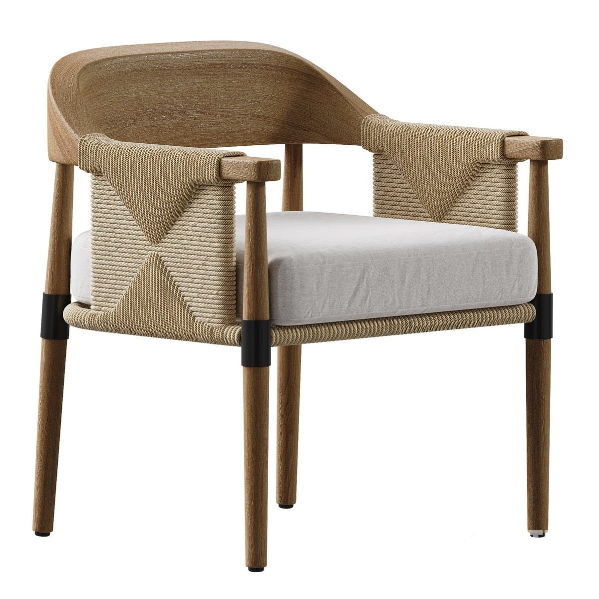 Mid-century modern oak dining chair with a curved natural oak back, woven beige rope arm panels forming an X motif, black metal leg collars, and a light gray upholstered seat cushion.
