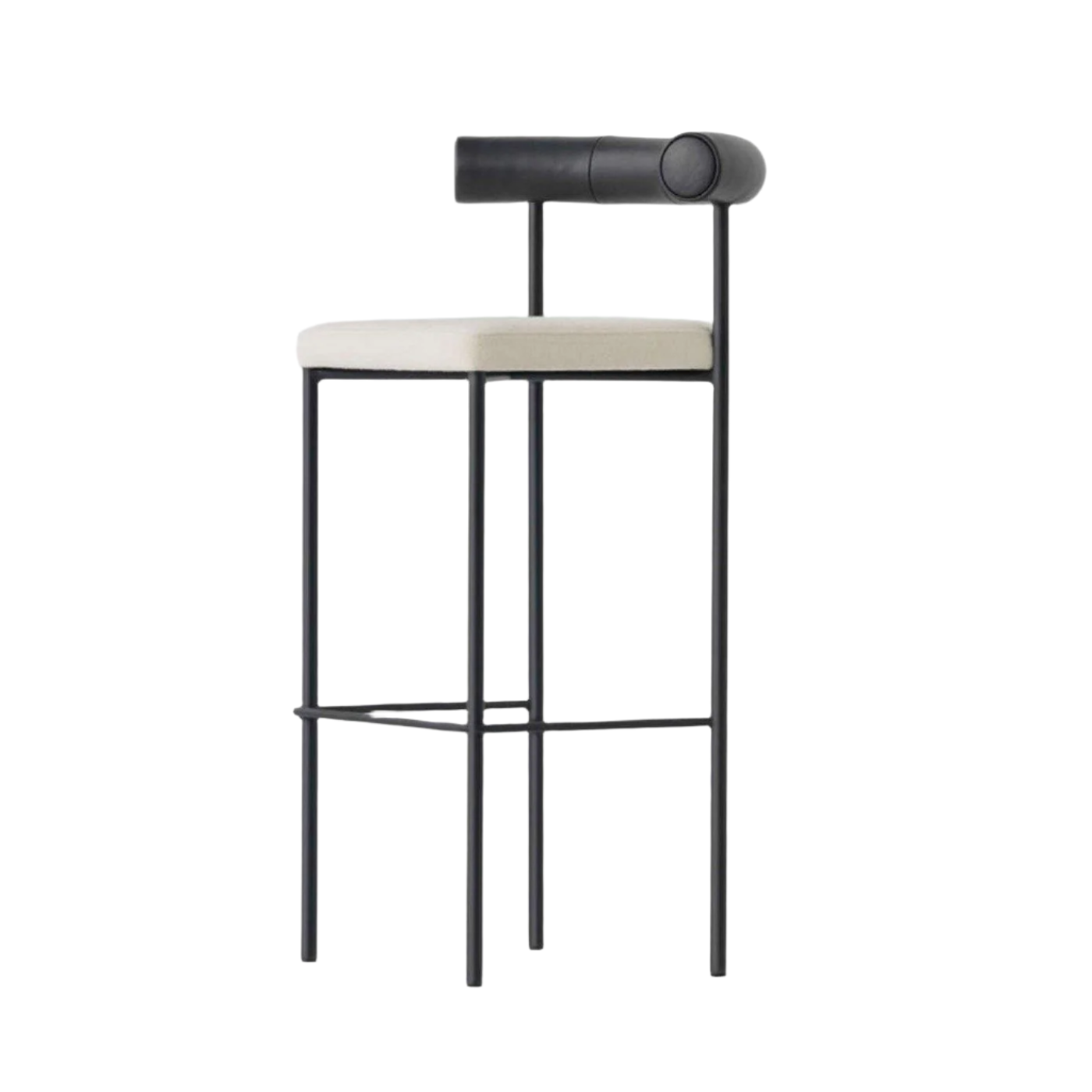 Modern counter-height stool with a matte black tubular steel frame, cream upholstered seat cushion and a black cylindrical faux-leather low backrest; minimalist design with integrated metal footrest.