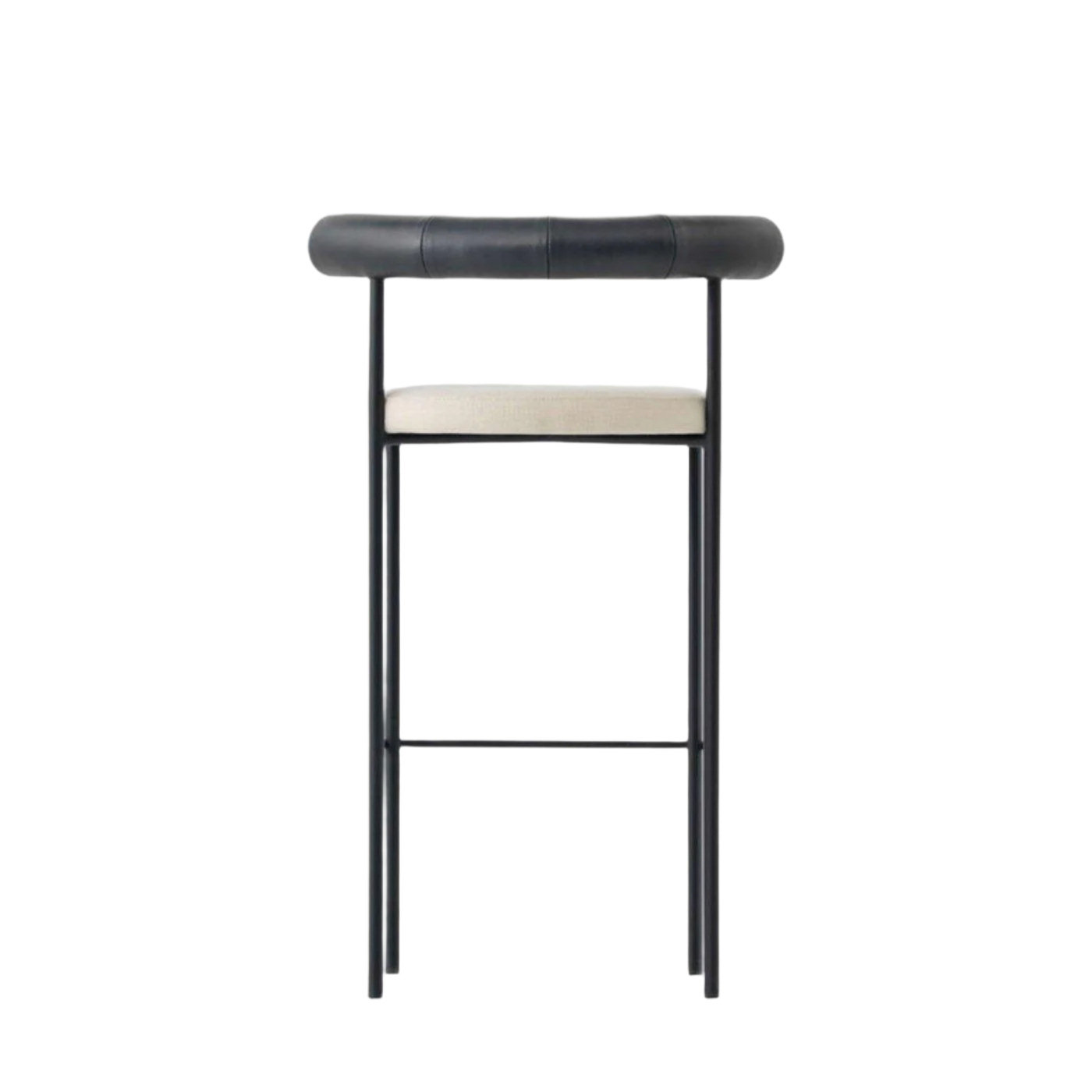 Front view of a modern bar stool with a matte black steel frame, curved black faux-leather low back and light beige upholstered seat cushion, slim tubular legs and a horizontal footrest.