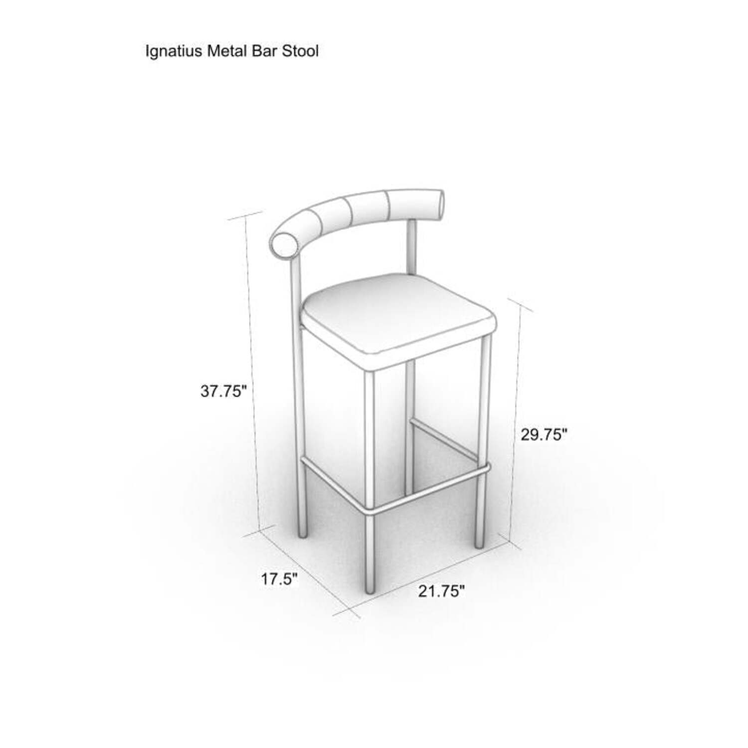 Isometric line drawing of a modern metal bar stool with curved padded backrest, cushioned faux-leather seat, tubular steel frame and footrest; annotated dimensions read 37.75" overall height, 29.75" seat height, 21.75" width, 17.5" depth.