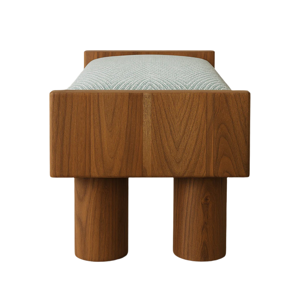 Front view of a teak wood end-of-bed bench with a cream-and-aqua boucle upholstered cushion set in a rectangular frame supported by two chunky cylindrical legs in a minimalist coastal-contemporary style.