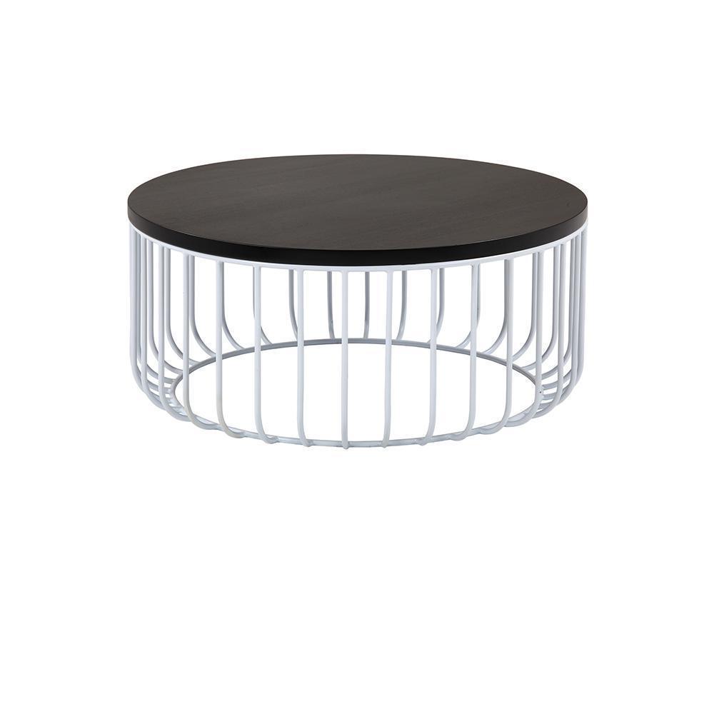 Round coffee table with a dark mahogany wooden top and white iron wire cage base, low-profile rustic design suitable for a living room.