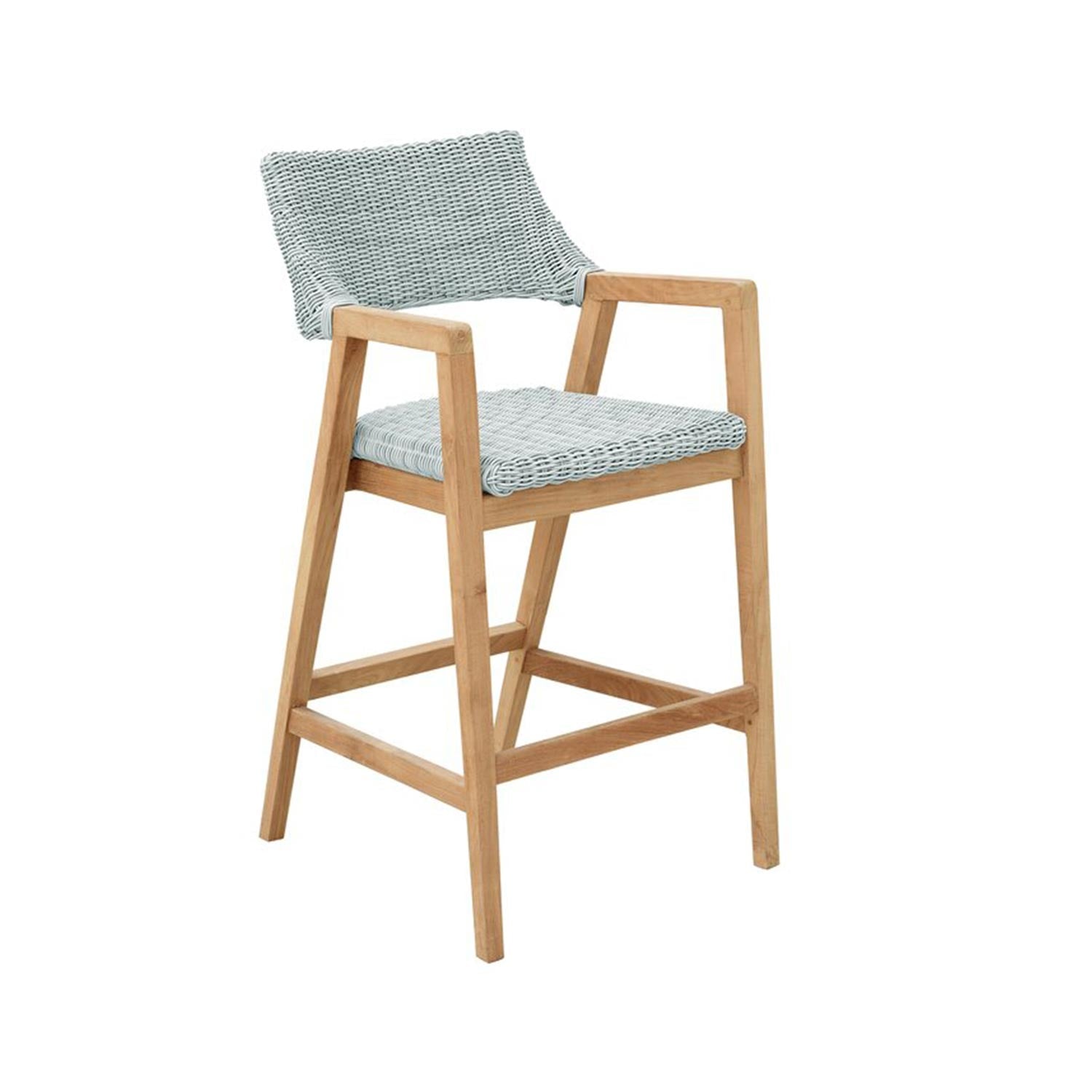 Natural teak outdoor bar stool with warm wood frame, armrests, angled legs and footrest, topped with a light gray woven rope seat and matching woven back for coastal counter seating.