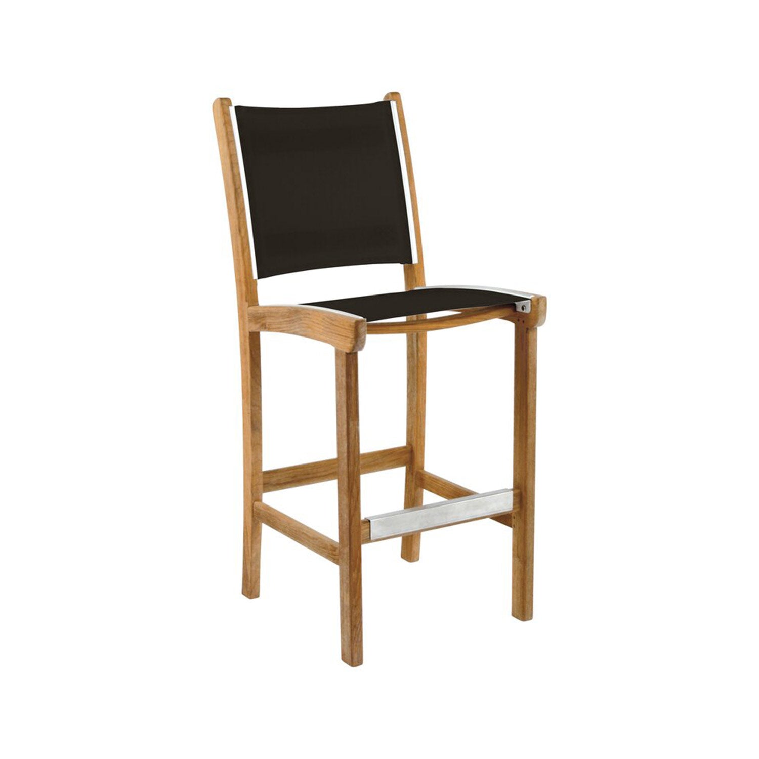 Armless teak outdoor bar stool with a natural-finish wood frame, black sling seat and back, and a silver metal footrest — coastal counter-height seating.