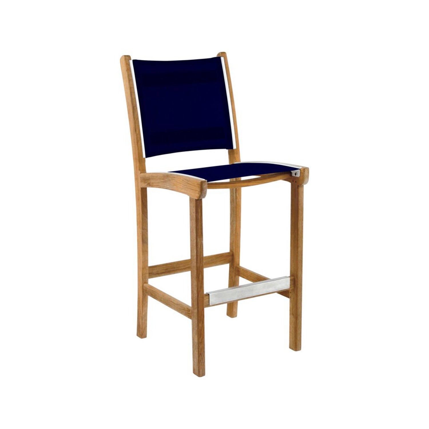 Armless teak outdoor bar stool with a natural teak frame, navy sling seat and back, and a silver metal footrest, shown on a white background.