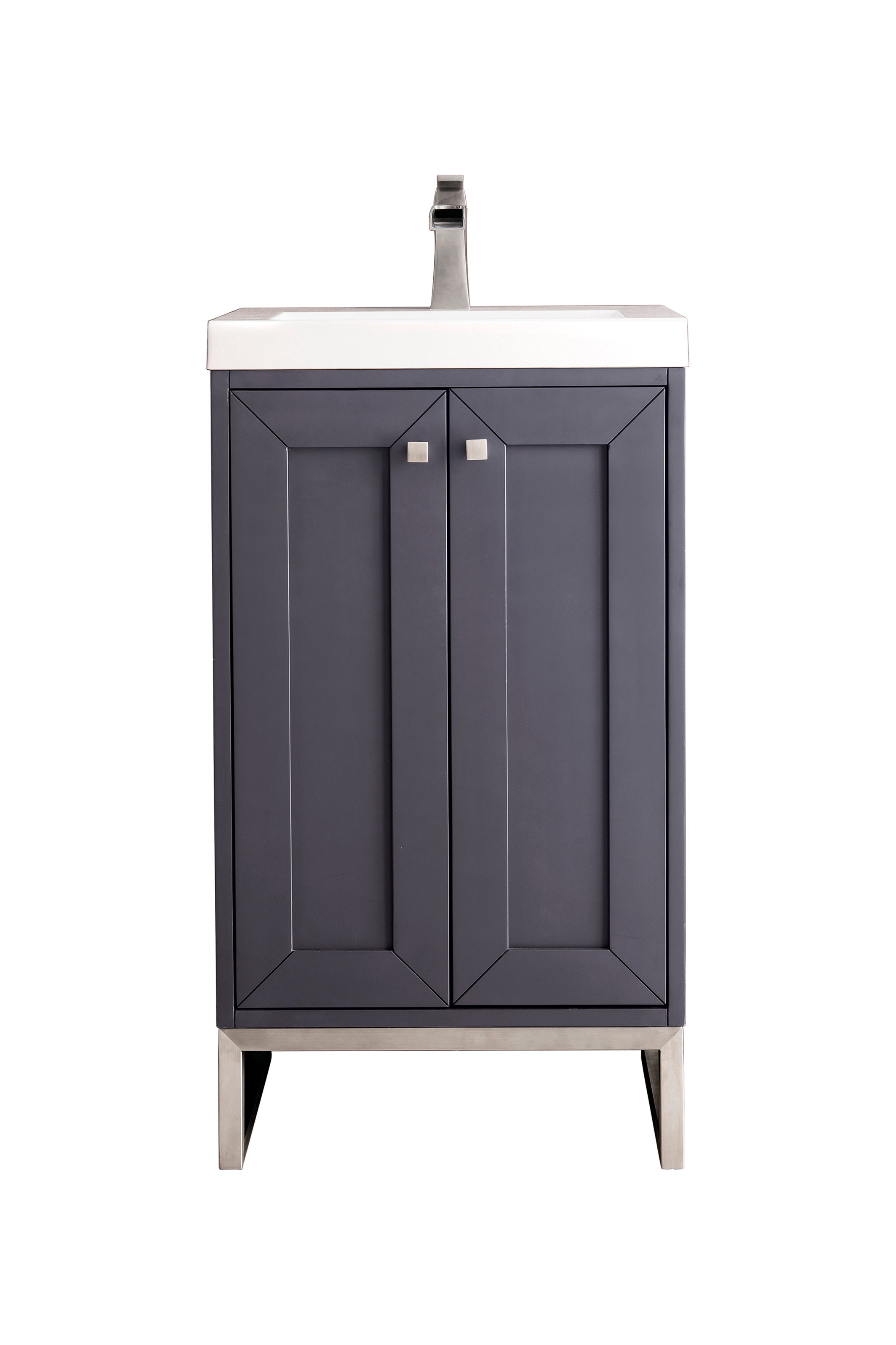 Freestanding 20-inch single-sink bathroom vanity with a white ceramic sink top, stone-colored solid wood cabinet, two paneled doors and square brushed-nickel hardware and legs in a contemporary style.