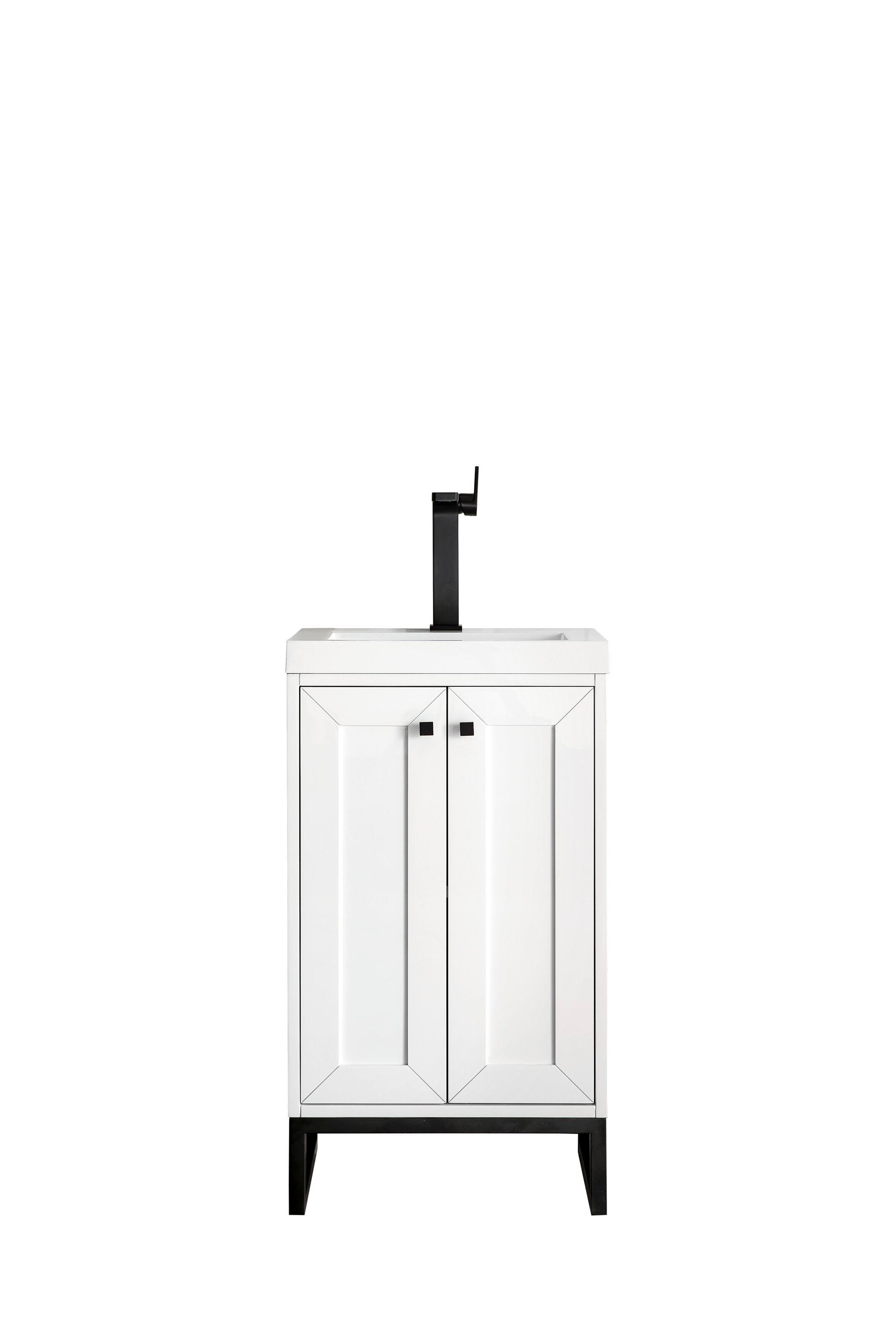 Freestanding modern solid-wood bathroom vanity in white with a stone top and integrated ceramic sink, paired with a tall black single-handle faucet, square black knobs and black metal legs.
